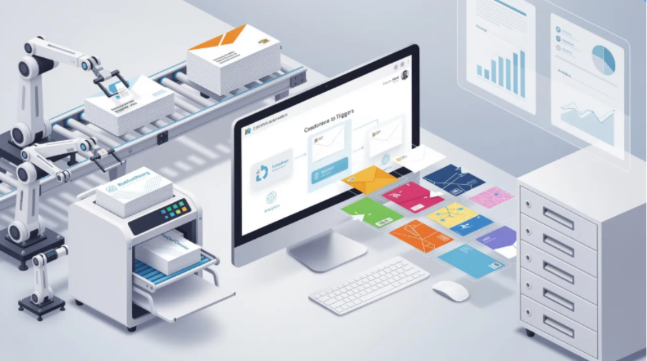 The image depicts a modern office space with a team of professionals engaged in direct mail automation.
