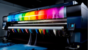 Large format commercial printing machine producing vibrant multicolor prints.