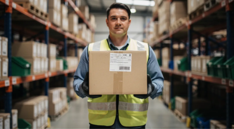 Fulfillment worker in gloves holding a packaged shipping box ready for kitting and distribution.