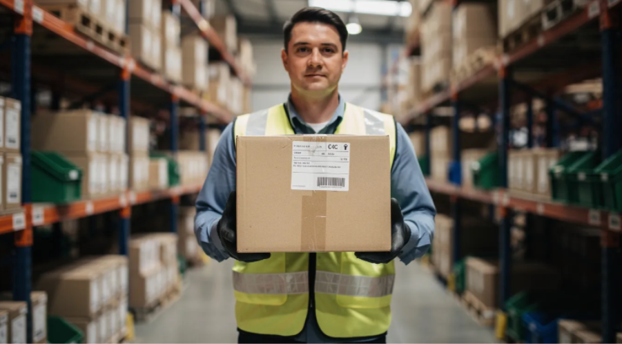 Fulfillment worker in gloves holding a packaged shipping box ready for kitting and distribution.