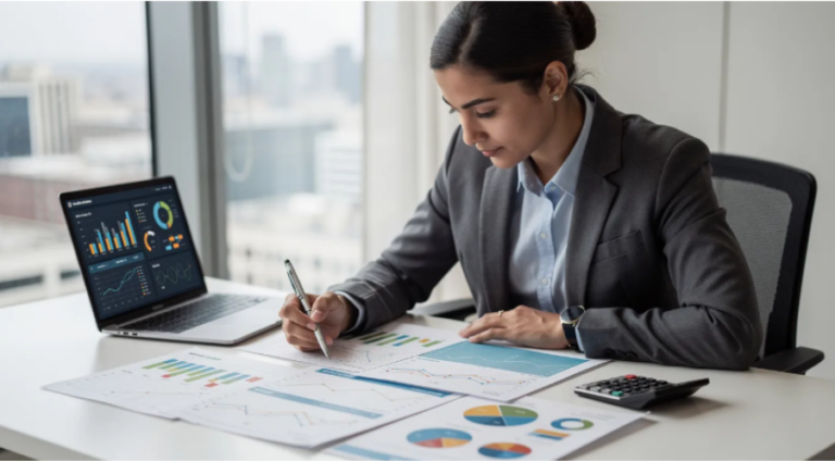 Business professional reviewing printed reports and data visualizations alongside a laptop and calculator.