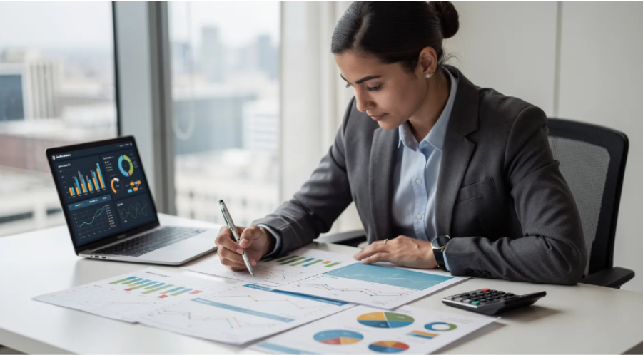Business professional reviewing printed reports and data visualizations alongside a laptop and calculator.