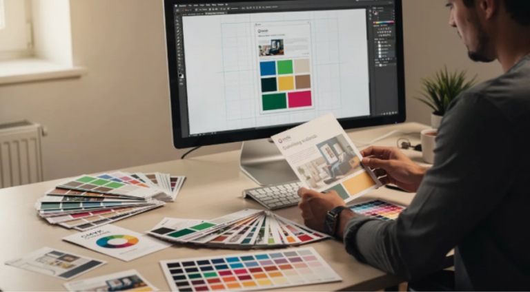Graphic designer reviewing direct mail printing layouts and color swatches at a desktop workstation.