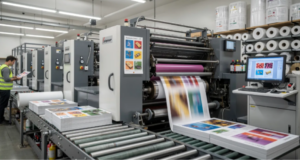 High-speed commercial printing press producing full-color marketing materials in a professional print facility.