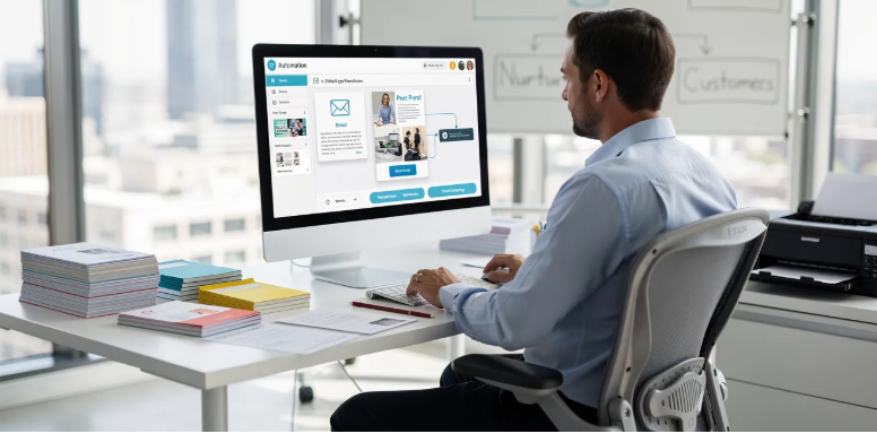 A man is focused on his computer in an office, working on a direct mail automation workflow template.