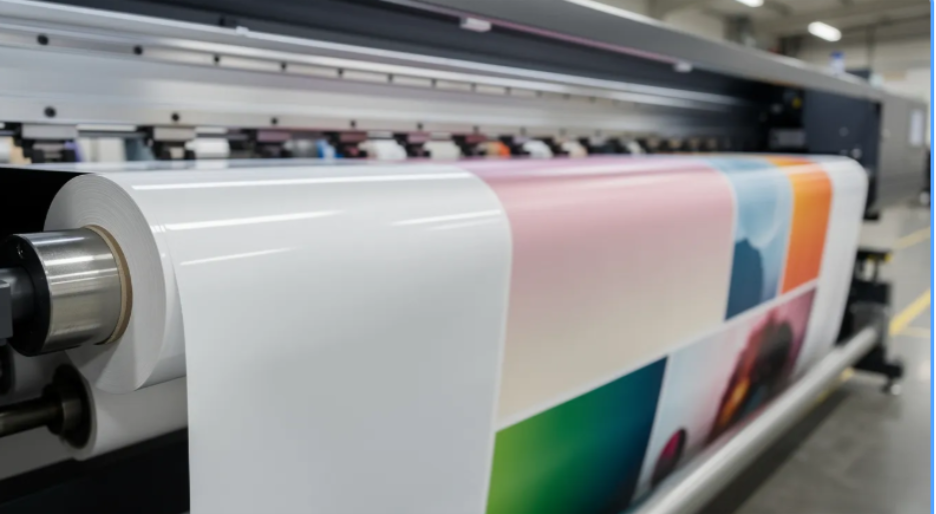 The image depicts a large roll of vinyl material being prepared for large format printing, showcasing its versatility and durability.