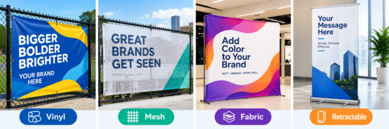 Alt Text: Four banner printing types side by side: vinyl, mesh, fabric, and retractable banners for indoor and outdoor use.