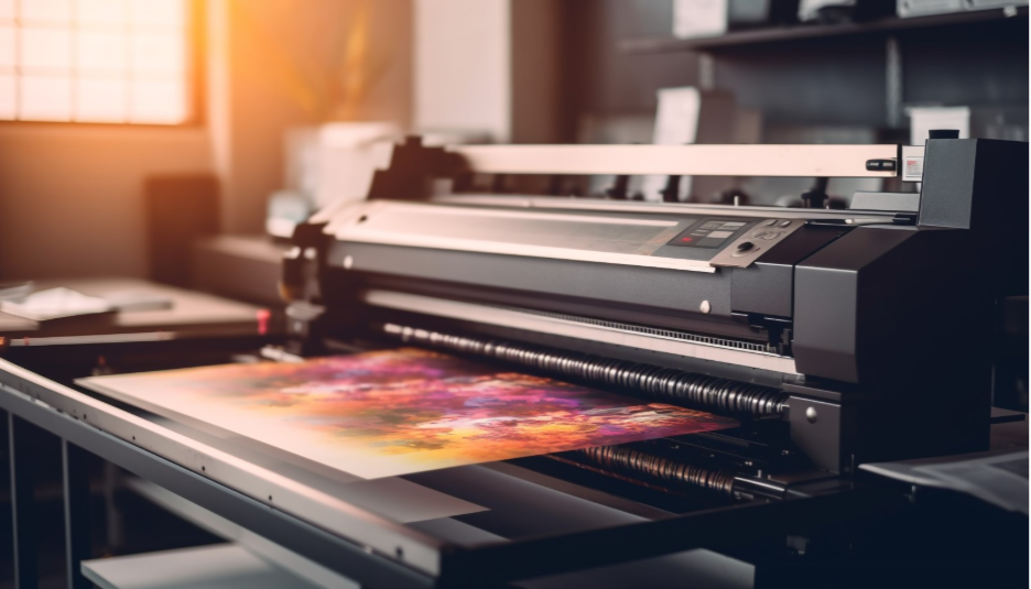 Large format digital printer producing vibrant full-color graphics in a commercial print facility.
