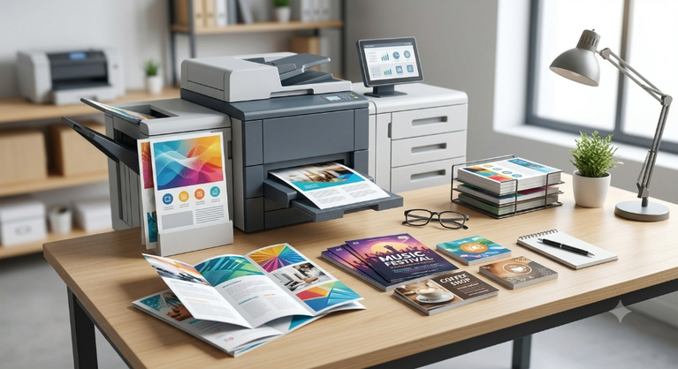 A desk featuring freshly printed tri-fold brochures, event flyers, and postcards coming out of an office printer, demonstrating short-run marketing materials produced via digital printing.