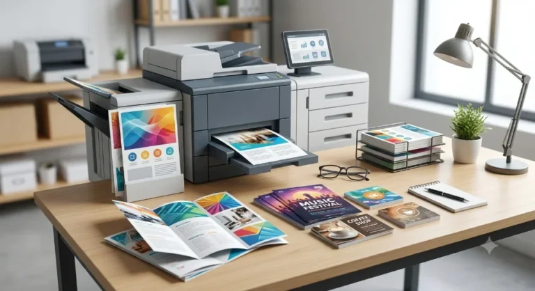 A desk featuring freshly printed tri-fold brochures, event flyers, and postcards coming out of an office printer, demonstrating short-run marketing materials produced via digital printing.