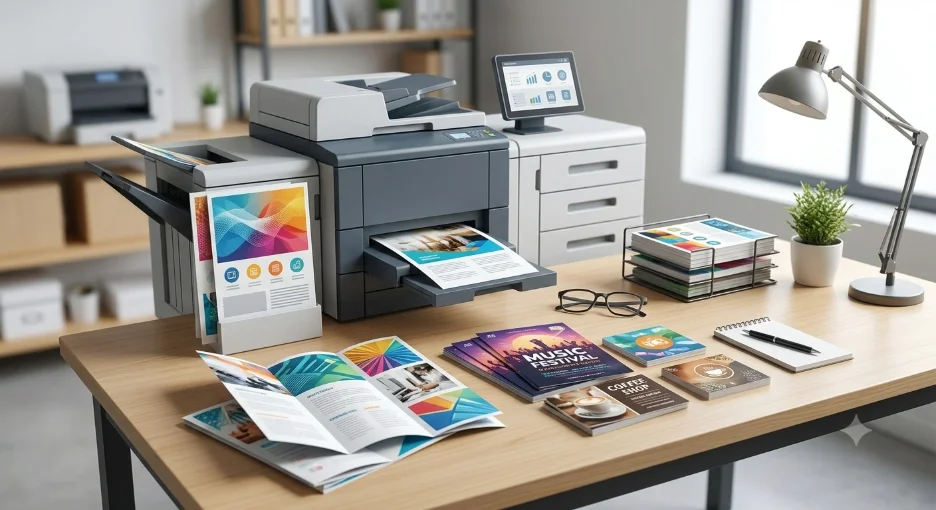 A desk featuring freshly printed tri-fold brochures, event flyers, and postcards coming out of an office printer, demonstrating short-run marketing materials produced via digital printing.
