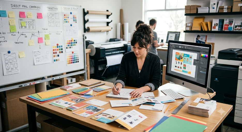 A designer working in a print shop planning and designing a direct mail printing campaign, surrounded by mood boards, computer layouts, paper samples, and large printers.