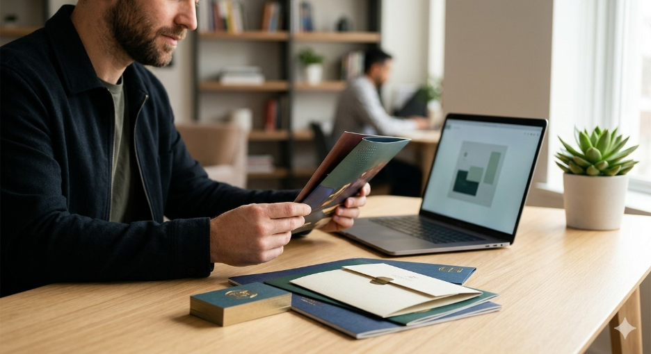 Marketing professional reviewing a premium custom printed brand brochure alongside a commercial printing design layout on laptop.