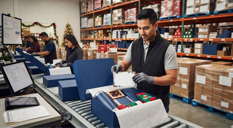 Kitting and fulfillment services team assembling corporate holiday gift kits with personalized inserts on a warehouse conveyor line.