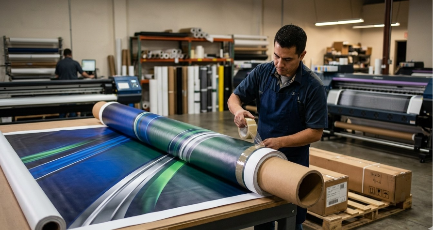Large format printing production technician rolling and packaging a finished event banner graphic for shipping.