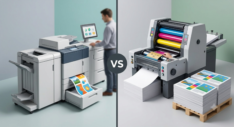 Side-by-side comparison illustrating digital vs offset printing, showing a modern digital printer unit on the left and a heavy-duty offset press with paper stacks on the right, separated by a "VS" symbol.